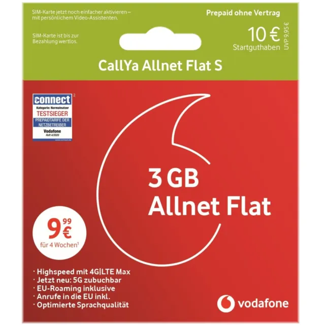 Vodafone CallYa Allnet Flat S Prepaid SIM Karte D2 inkl. 3 GB LTE + 10 EUR STGH