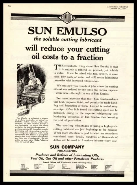 1922 Sun Company Philadelphia PA "Emulso" Soluble Cutting Oil Lubricant Print Ad