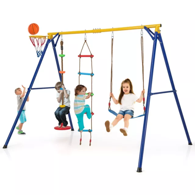 4-in-1 Kids Swing Set Outdoor Heavy-Duty Climbing Playset W/ Basketball Hoop