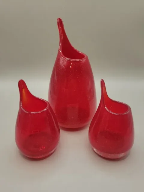 Pier One 1 ? Set of 3 Red Bubble Hand Blown Thrown Stretch Vases