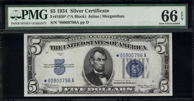 1934 $5 Silver Certificate FR-1650* - Star Note - PMG 66 EPQ Gem Uncirculated