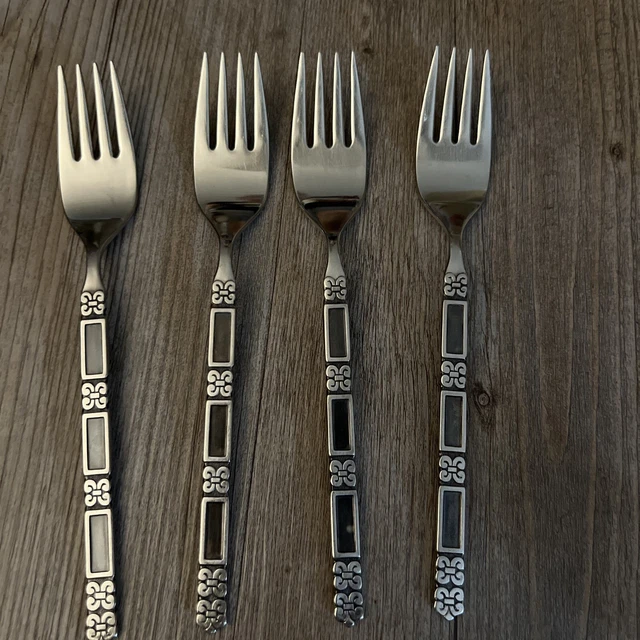 4 Oneida Community MADRID BLACK Accent Glossy Stainless Flatware SALAD FORKS