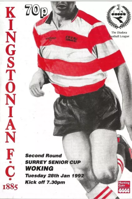 Football Programme KINGSTONIAN v WOKING Jan 1992 Surrey Senior Cup