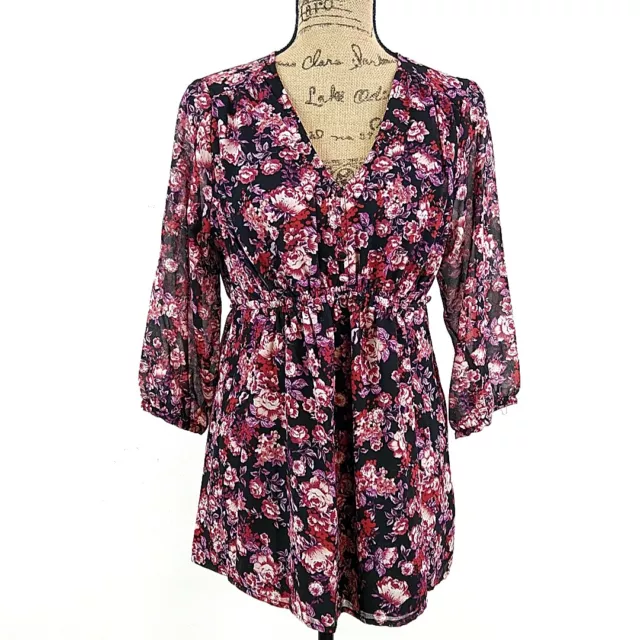 NWT Isabel Maternity Womens sz XS Top Pink Floral V Neck Belted Button Up