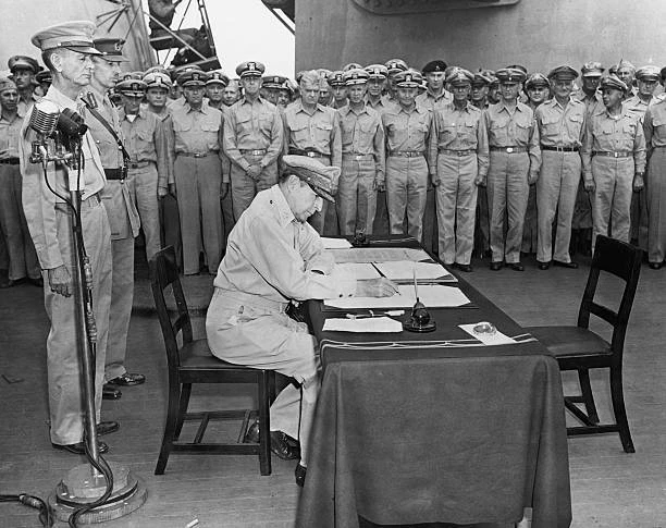 General Macarthur Signs The Surrender Papers Aboard The Uss Missou- Old Photo