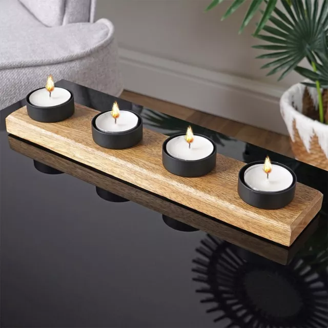 Teelichthalter Kerzenständer Kerzenhalter für 4 Kerzen aus Holz schwarz 30x6x4cm 3