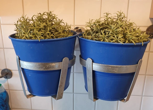 2 Ikea Blumentöpfe HÖSTÖ blau mit 2 Halterungen für Stange zum Aufhängen Metall