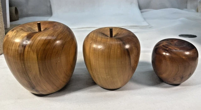 VTG Primitive Wooden Apple Lot of 3  Table Decor Stained Painted Hand-carved