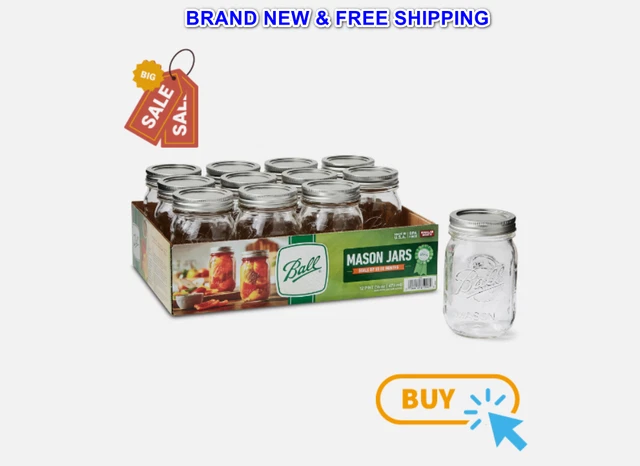 Ball Regular Mouth 16oz Pint Mason Jars with Lids & Bands, 12 Count