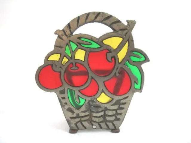 Vintage Cast Iron And Stained Glass Cherry Basket Napkin Holder