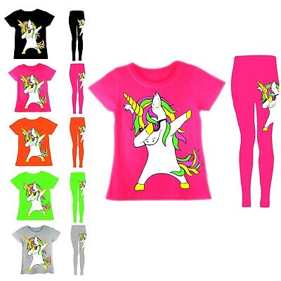 Girls Unicorn T-Shirt & Leggings Neon Tee Summer Outfit Dabbing Set 5-13 Years