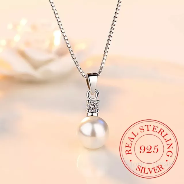 Single Pearl Pendant Necklace 8mm Sterling Silver 925