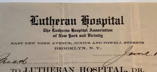 Billhead Letterhead Brooklyn New York City Lutheran Hospital Payment 1916