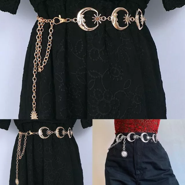Women Leather Belt Silver Waist Chain Body Chains Moon Star Gothic Punk