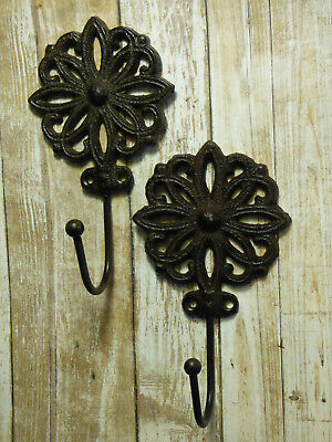 2 PCS SET Ornate Flower Metal Wall Hook Cast Iron Rustic Kitchen Bathroom Office