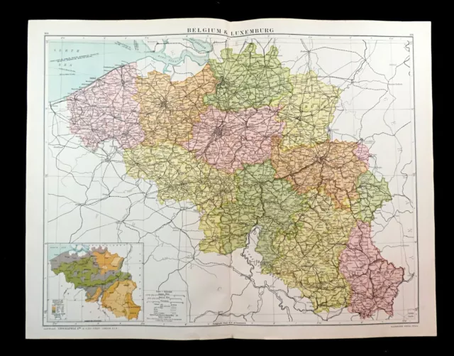 Map of Belgium Luxemburg Brussels Flanders Ghent Post WW1 Antique Large 1919
