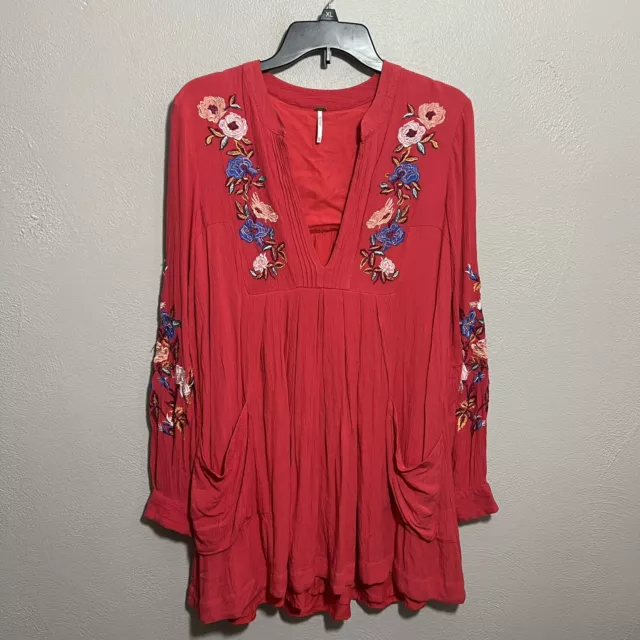 Free People Mia Embroidered Gauze Mini Tunic LS Dress Floral Red Sz XS Oversized