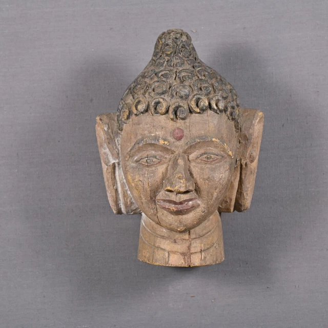Antique Indian Wooden Serene Buddha Mask Vintage Lord Buddha Wall Hanging