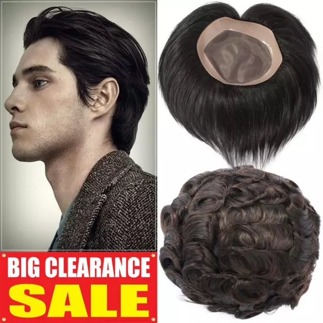 Soft Human Hair Wigs Toupee Replacement System Hairpiece Thin Skin Black Brown