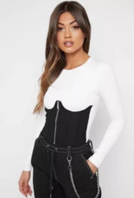 Maniere De Voir CORSET UNDERBUST LONG SLEEVE BODYSUIT - WHITE