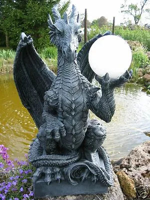 DRACHENLAMPE 80 cm Drachen Tier Figur Gothic Mystik Garten Deko Fantasy Skulptur