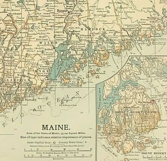 1901 Maine State map New England Century Atlas original with litho colour
