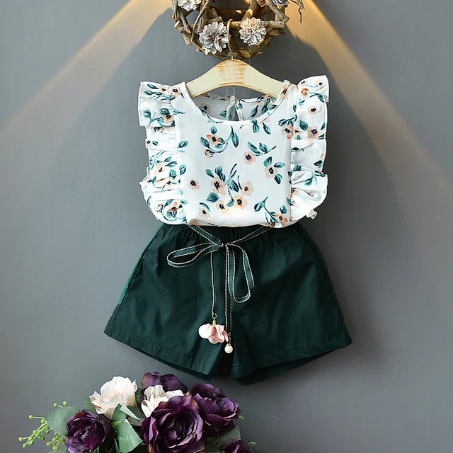 T-shirt top per bambini bambini vestiti stampa fiori + set pantaloncini da cintura