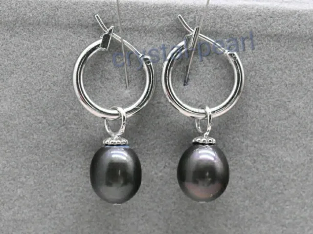 14K WHITE GOLD Natural 10X12 MM AAA  black south sea pearl earrings