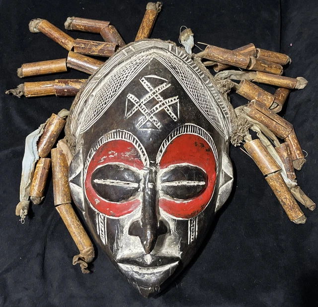 African Handmade Brown Baobab Wood Chokwe Mask with Rope Hair 13” x8.5”
