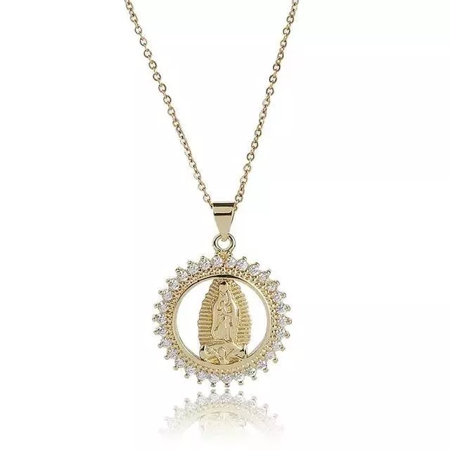 Collar Colgante Medalla Virgen De Guadalupe con Critales Cadena Oro Laminado