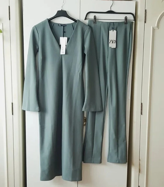 Brand New Zara Co ord Set Dress Top With Trousers In Green Blue Size S 8 - 10