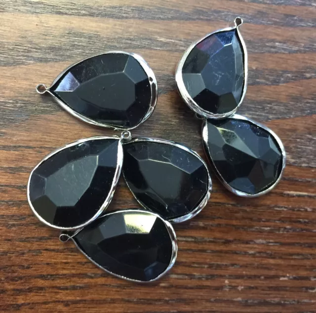 Vintage NOS Bold Black Lucite Faceted Pear Drop Silver Plate Drops Charms Lot