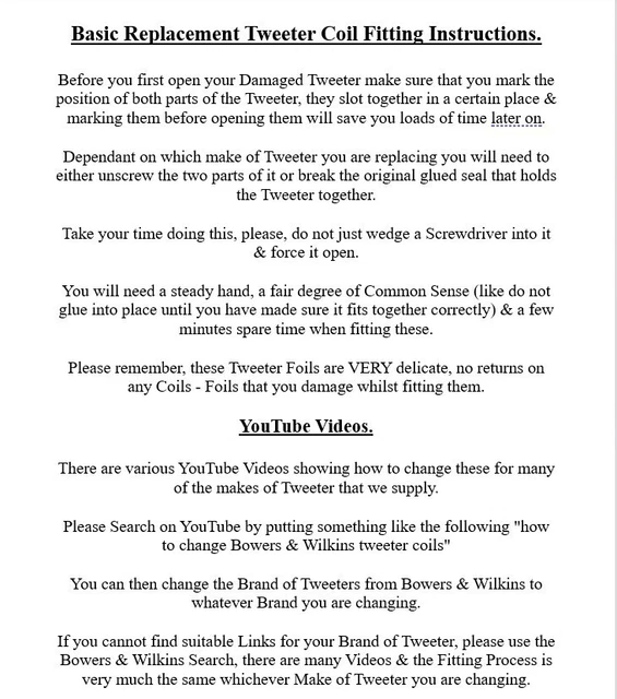 PAIR OF KEF IQ7 Generic Replacement Tweeter Loudspeakers Foils Coils £