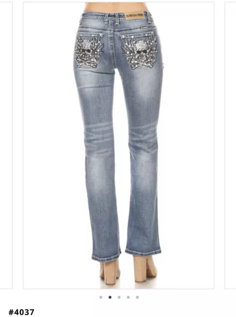 Platinum Plush Ladies Skull & Bones Rhinestone Denim Boot Cut Jeans Style #4037