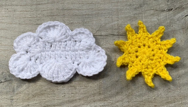 Handmade Crochet Sun and White Cloud Applique, Embellishment, Motif, Sewing