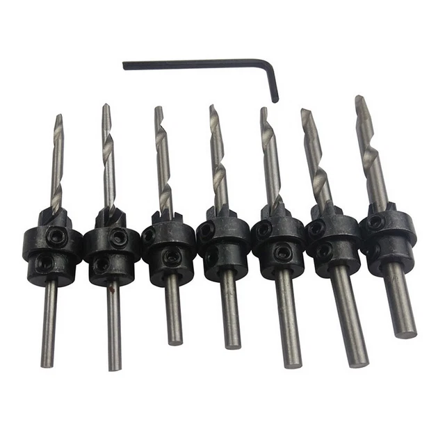 7PCS Woodwork Tapered Countersink Drill Bits Set  Depth Stop Collar Hot