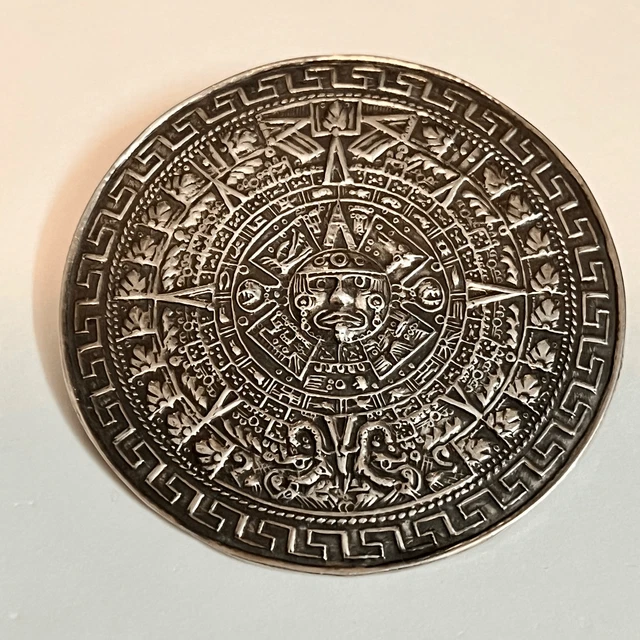 Aztec Calendar Silver pin brooch or pendant large