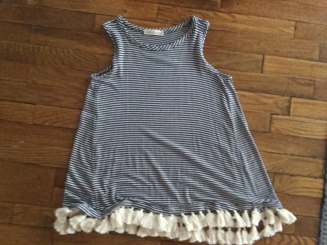 Pebble and stone women's tank/tunic shirt size XS navy/off white stripe/tassels