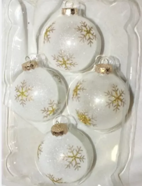 Frosted Silver And White Christmas Ornaments W/ Gold Snowflake 2”