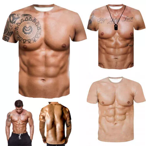 Muscle Tattoo Print T-Shirt Herren Kurzarm 3D Digitaldruck Bluse Tops Au N
