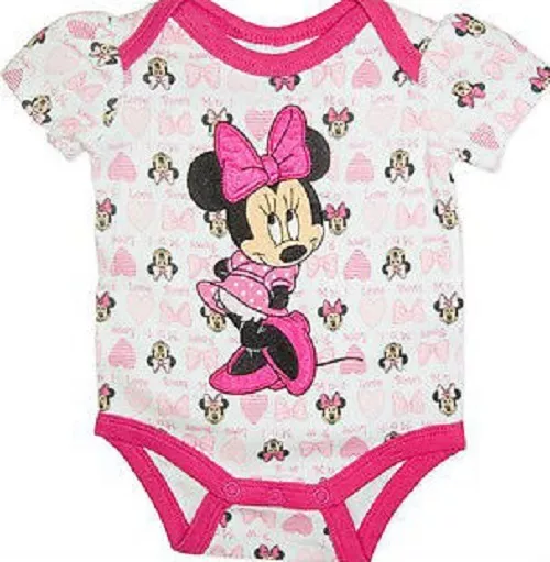 Licensed ~ Minnie Mouse ~ Baby Girl Hot Pink & White Cotton Bodysuit