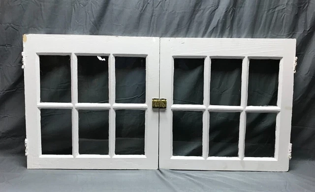 Antique Pair VTG Shabby Country Cabinet 22" SQ 6 lite Glass Chic Doors 1109-22B