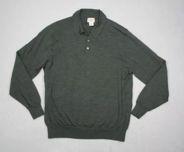 Vintage LL Bean Sweater Mens Large Green Pullover 1/4 Button Merino Wool Golf