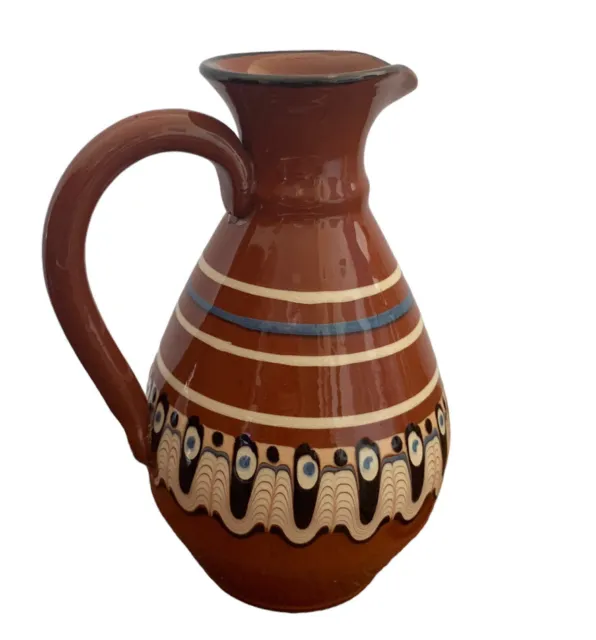 Vintage Bulgarian Troyan Redware Pottery Cruet Pitcher Vase Peacock Eye EUC