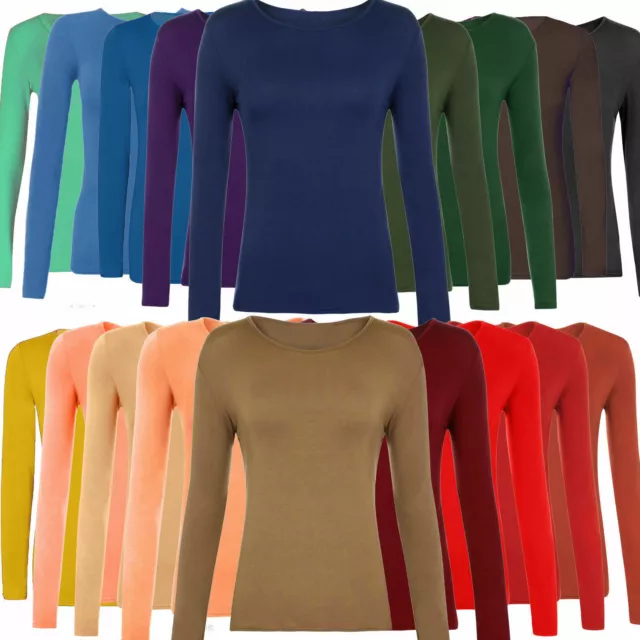 Ladies Long Sleeve Stretch Plain Round Scoop Neck T Shirt Top assorted