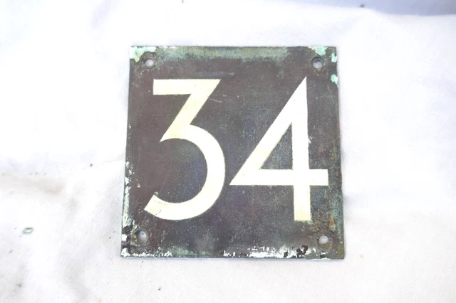 Antique Authentic Door number 34 Patinated Bronze Plate Inset Enamel 3X3" 1900s