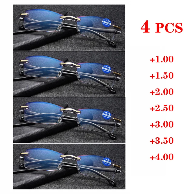 4 pcs Rimless Reading Glasses +100 to +400 Black Platic Anti Blue-Ray Eyeglasses