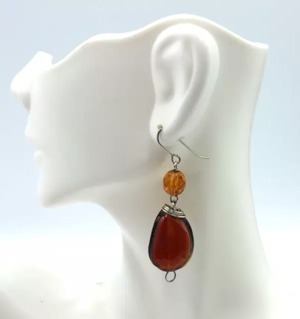 Artisan Made Simulated Amber Glass Beads Silver Tone 2" Dangle Drop Earrings