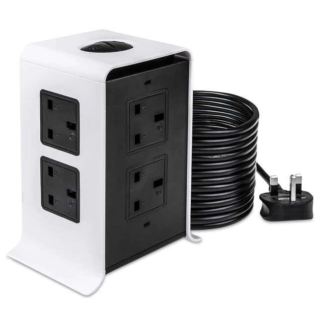 5M TOWER EXTENSION Lead Multi Socket 8 Way Plug USB Extension Surge