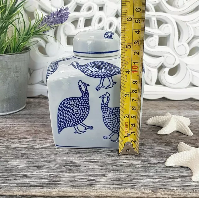 Hamptons Blue White Jar Sml Square 14cm Guinea Fowl Coastal Provincial Country 3